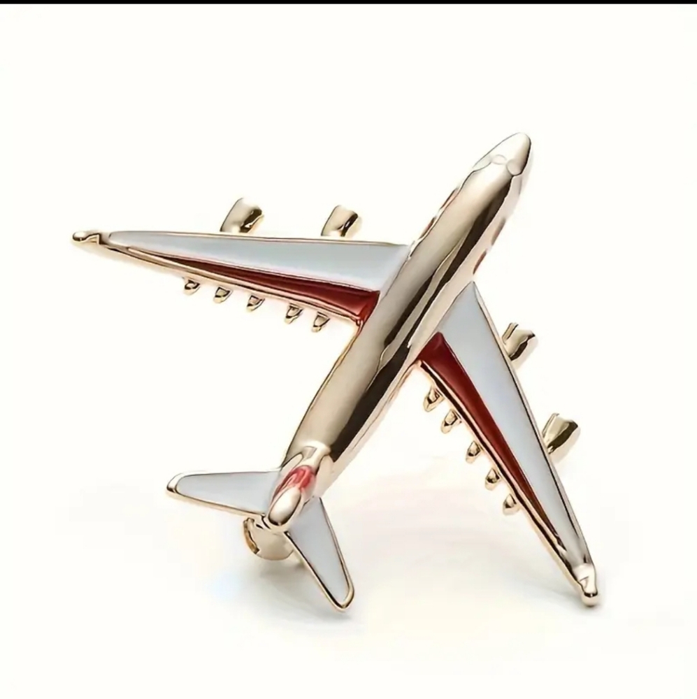 Red & Gold Alloy Enamel Airplane Brooch. Unisex. NWT